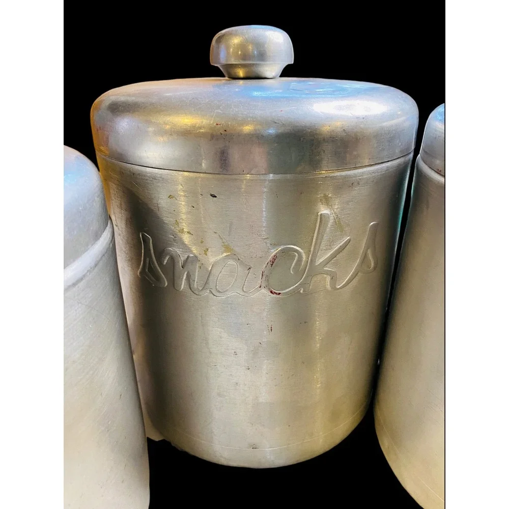 Vintage Brushed Aluminum Canister Set 4pc Flour Sugar Snacks Tea & Tart Molds